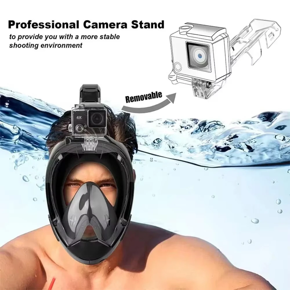 탈부착 가능한 카메라 마운트가 있는 풀페이스 스노클 마스크, 성인 및 청소년용 넓은 시야 확보, 김서림 방지, 누수 방지 기능이 있는 스노클링 수영 다이빙 마스크