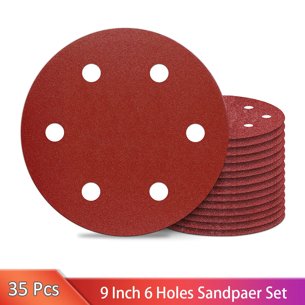 

35 Pcs 9 Inch 6 Hole Drywall Sanding Discs Set 40-240 Grits Premium Hook&Loop Aluminum Oxide Abrasive Sander Paper