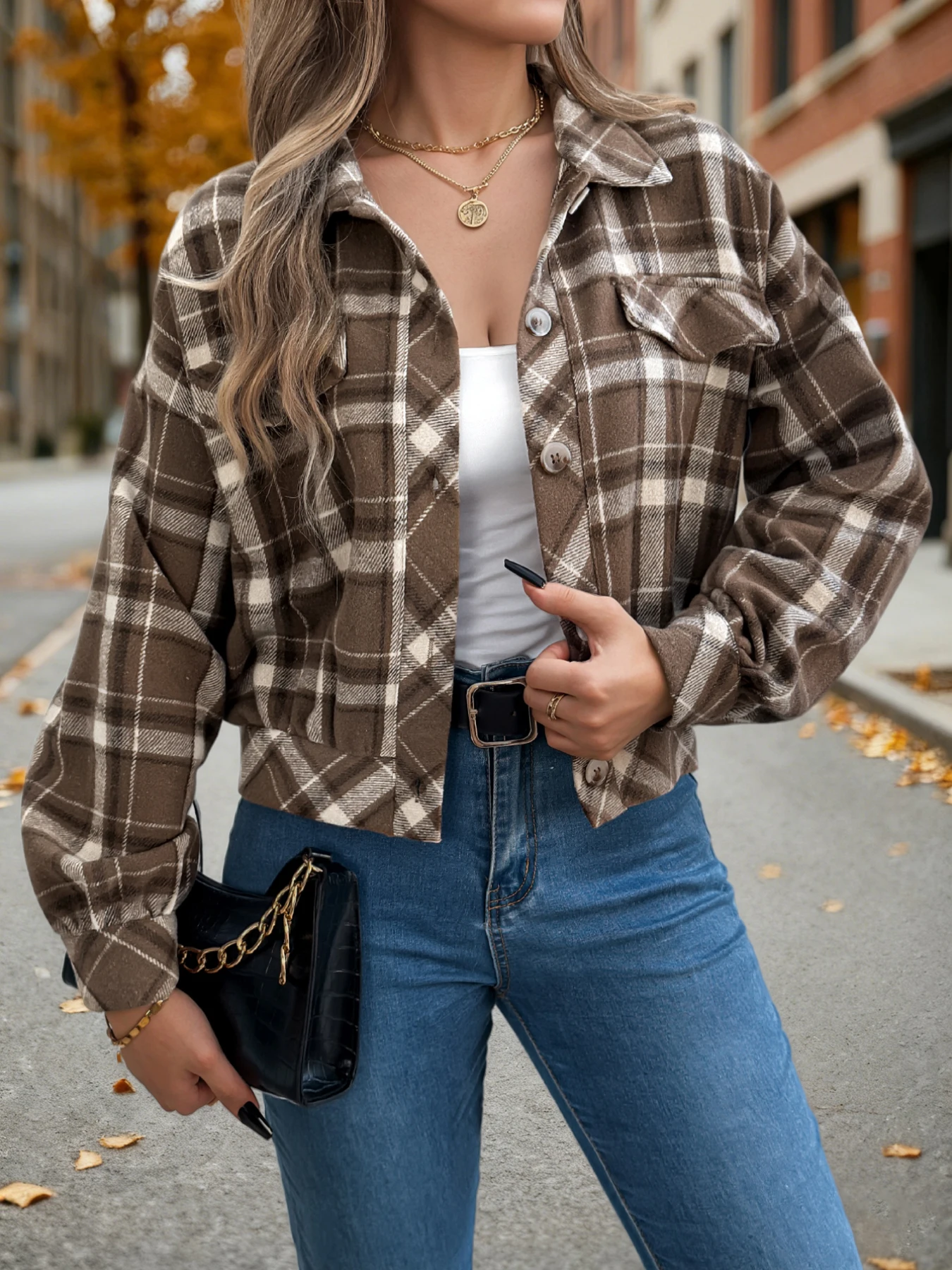 Womens Woolen Plaid Cropped Jacket Autumn Winter