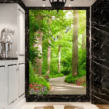 Custom 3D Photo Wallpaper Wall Covering Sunny Forest Green Tree Flowers Small Road Scenery Mural Entrance Corridor Wall Painting