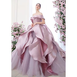 Elegant Ruched Prom Dress Pink Fashion Off the Shoulder Sleeveless Draped Floor Length Sweep Train Party Gowns Evening Dress