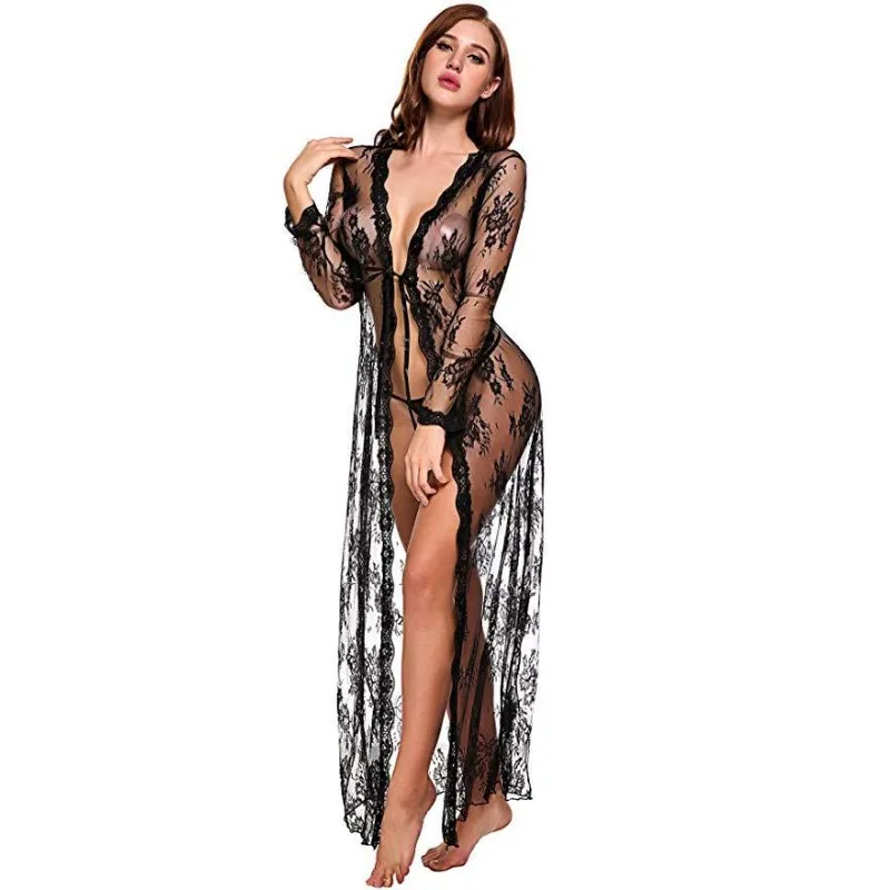 Lace Mesh Transparent Robe Nightgown women dress women sleepwear Women's Deep V-Neck Home Ultrathin Nightgown