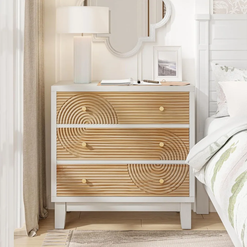 Nightstand 3-Drawer White Dresser X2 with Handicraft Wood Ring, Fully Nightstands Wooden Finish, Nightstand 6