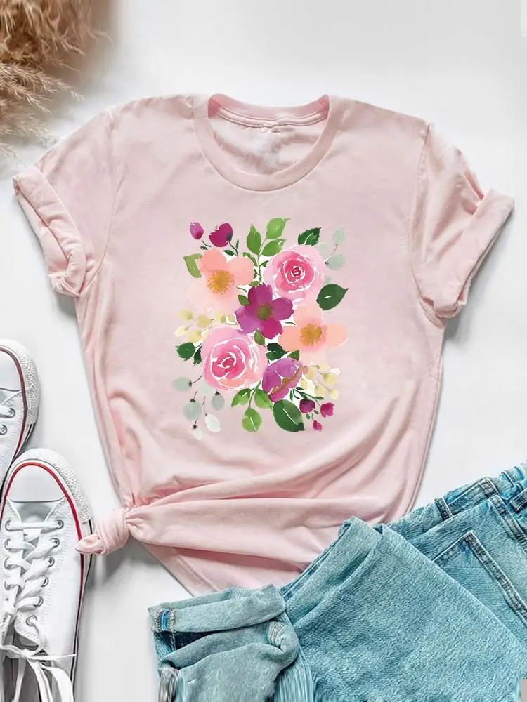 Sweet Watercolor Flower 90s Clothing Short Sleeve Tee Top Summer Graphic T Shirt Women Fashion Casual Female Print T-shirt