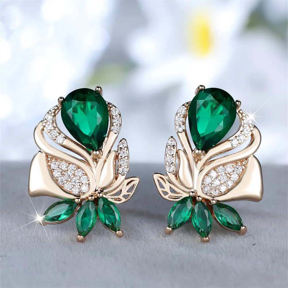 Green Zircon Water Drop Stone Cute Flower Hoop Earrings For Women Vintage Gold Color Ear Buckle Wedding Jewelry Engagement Gifts