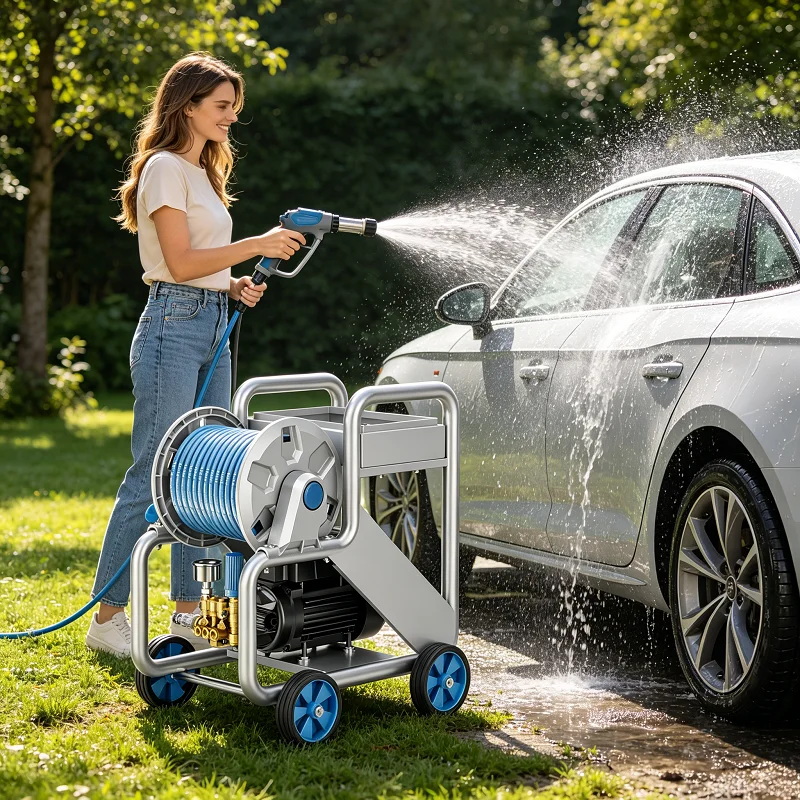 220V 고압 세척기 휴대용 전동 전원 세척기 호스 릴 보관 선반 포함 가정용 세..