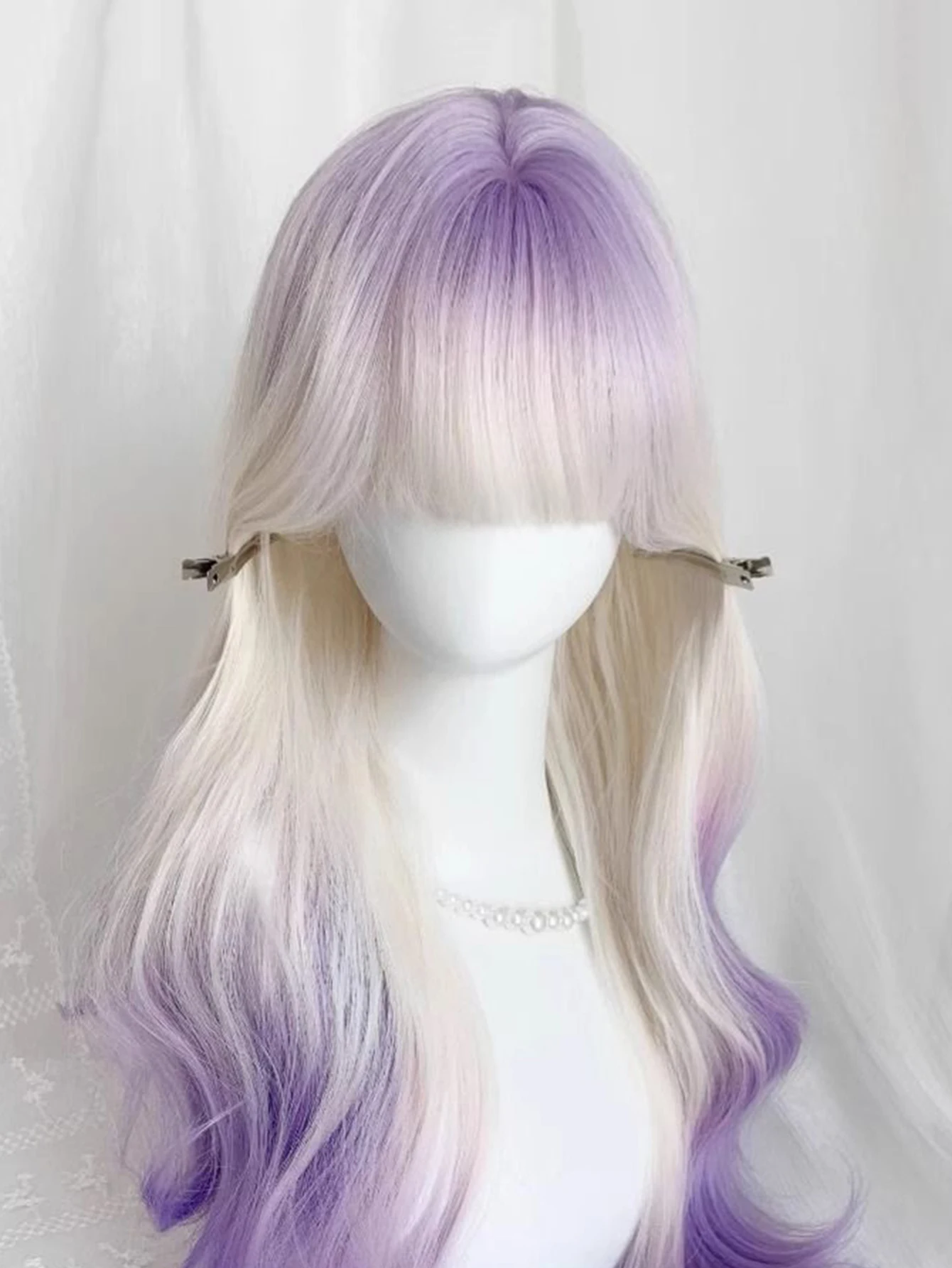 Synthetic White Purple Long Curly Wavy Wig for Women