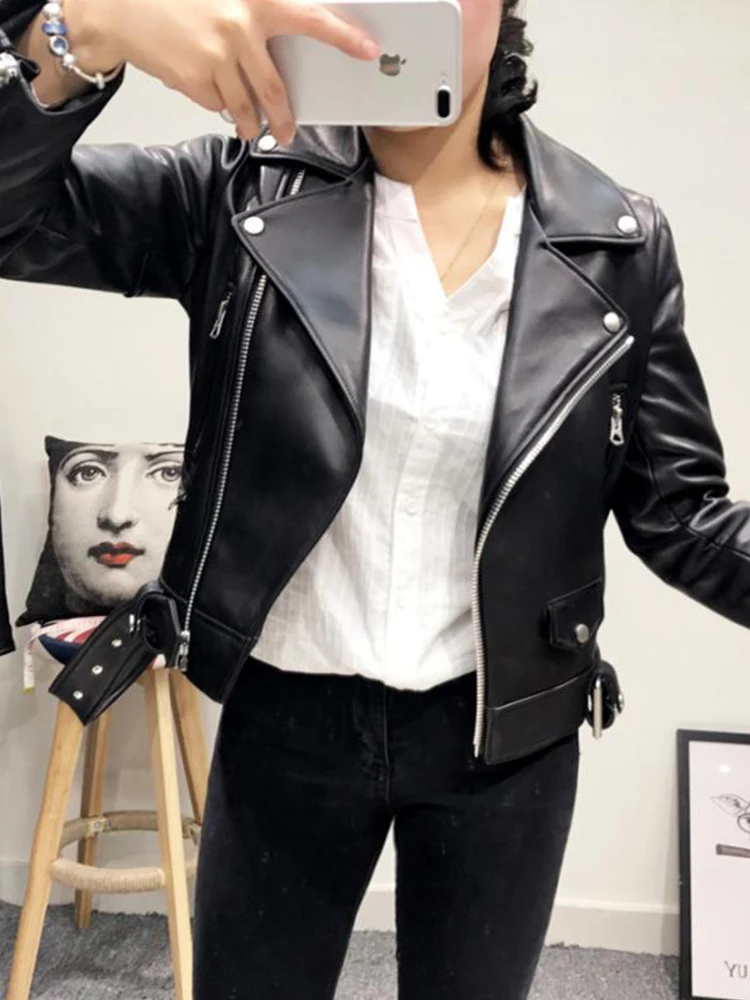 Autumn Women's Faux Leather Casual Jacket with Lapel Collar and Zipper