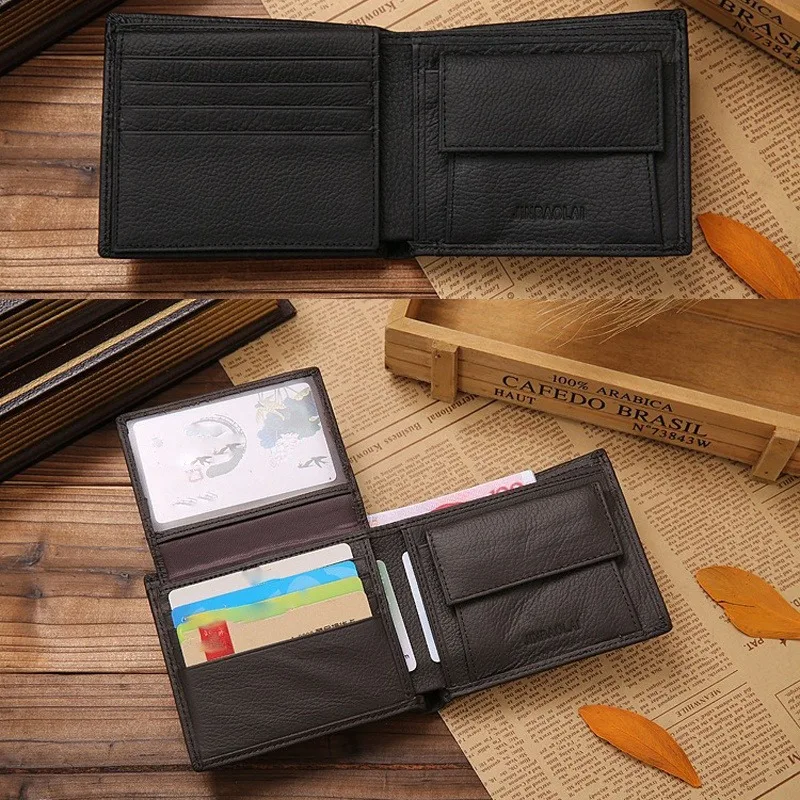 Premium Genuine Leather Men's Wallet - Short Black Wallet Portefeuille Homme