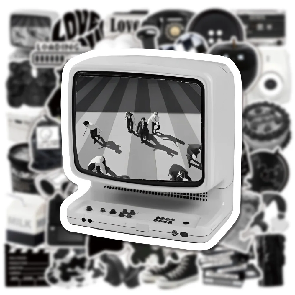 50개의 흑백 인스 스타일 그래피티 방수 스티커, 노트북 헬멧 데칼, 골든 메모리 스티커 스토어