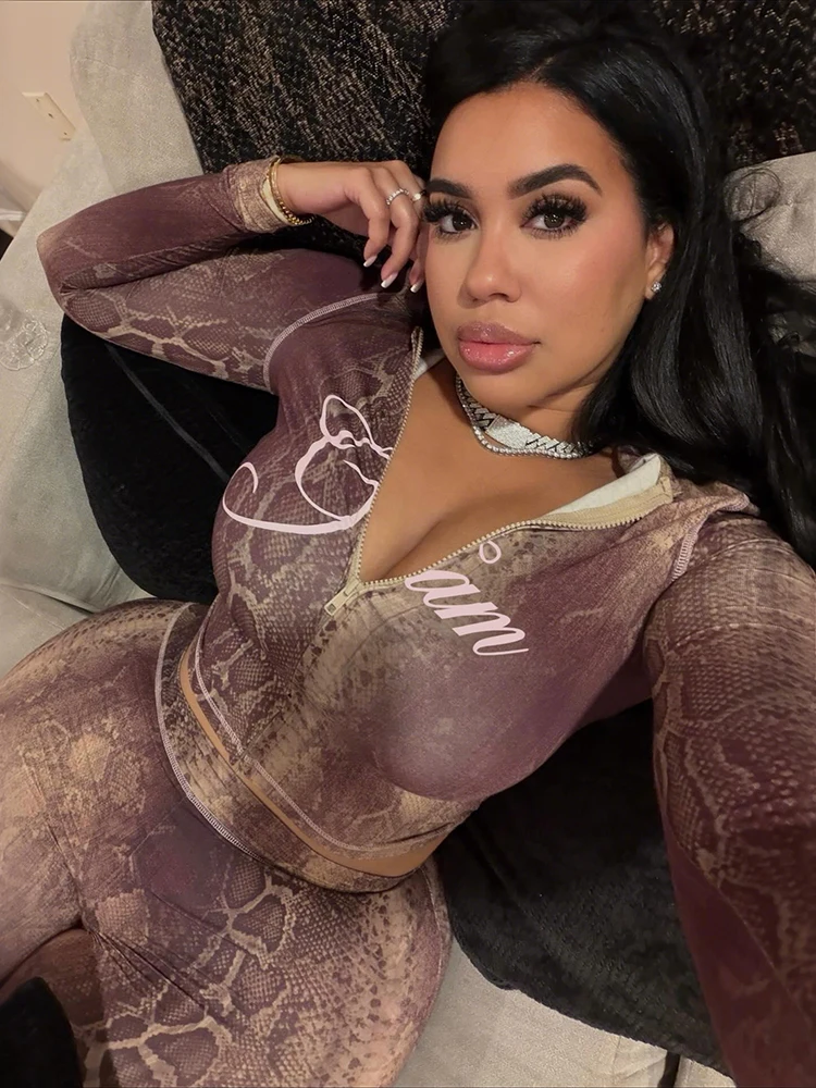 Nibber Wild Letter Tracksuit 2-Piece Set Snake Print Women Patchwork Zip Jacket+Pants Matching Casual Stretch Streetwear Outfits