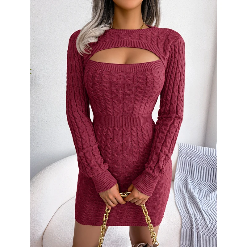 CHILLGIO Frauen Gestrickte Kleid Herbst Hohl Bodycon Solide Twist Pullover Vestidos Winter Mode Streetwear Schlank Stricken Kleider – Detail 24