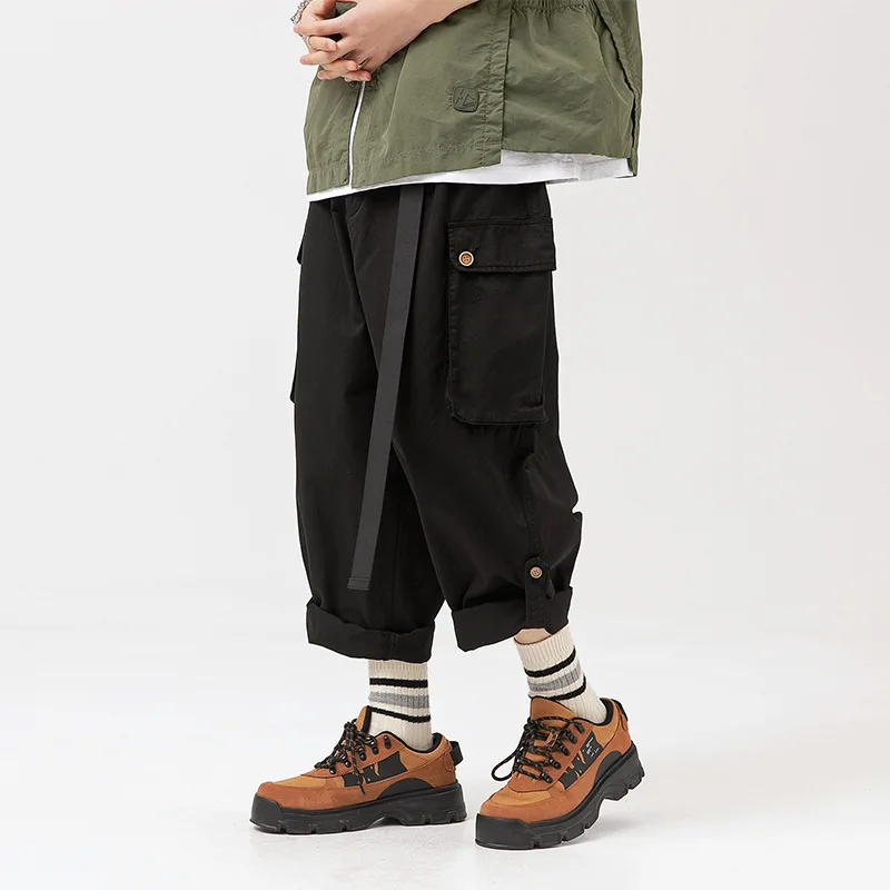 Elmsk Trendy loose fitting workwear pants with three-dimensional multiple pockets, casual and breathable cropped pants for stude elmsk workwear pants for young men on the street harajuku trendy brand loose casual leggings with multiple pockets elastic lar