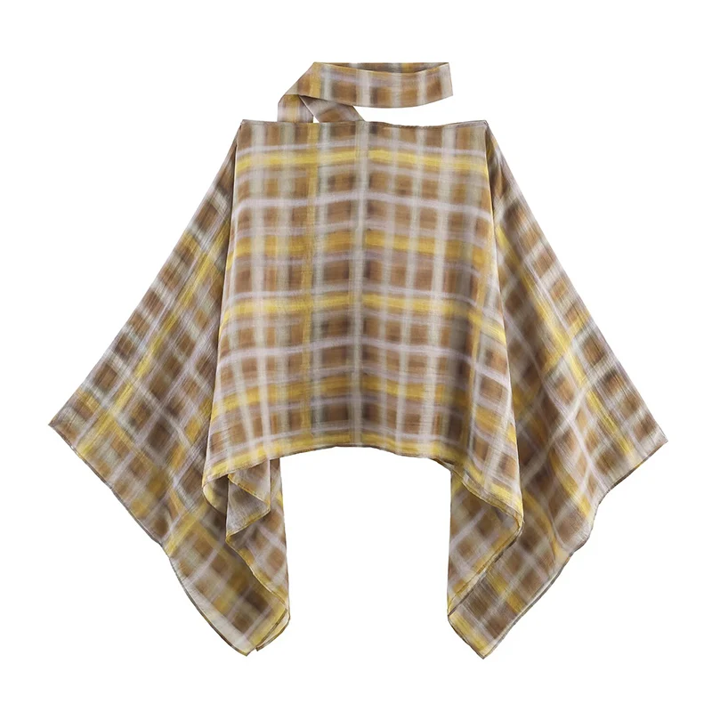 Chic Fashion Plaid Midi Skirts Two Piece Sets For Women 2025 New Scarf Collar Cape Tops Women's Suits Elegant Woman Outfits ﻿