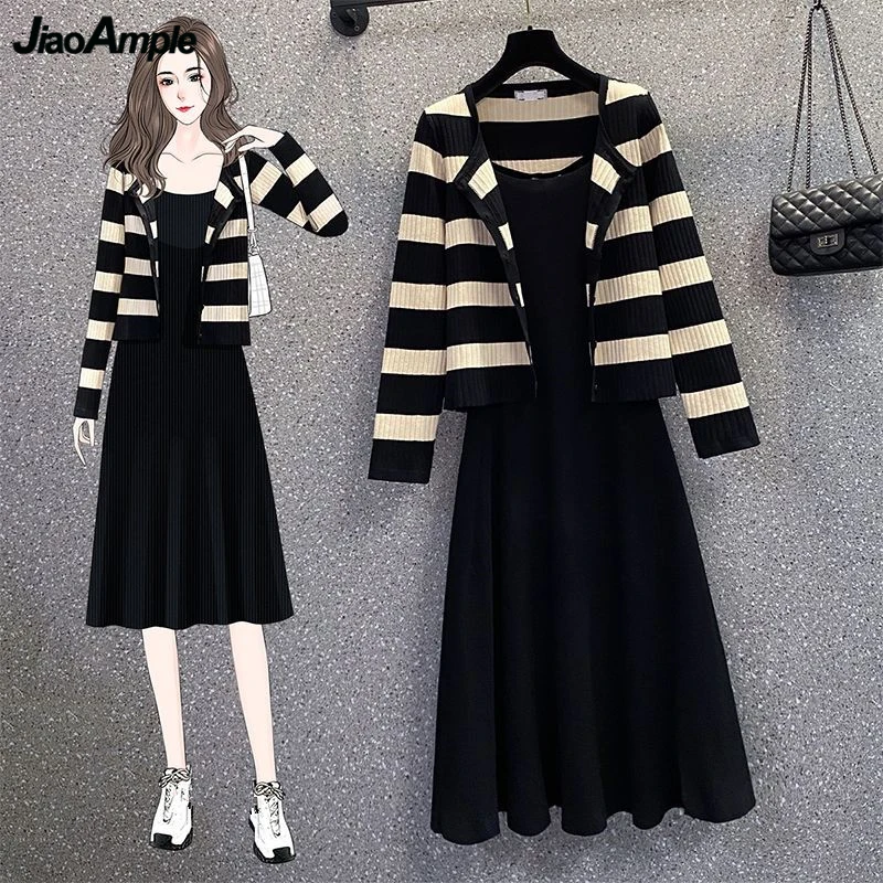 Women's Spring Autumn Knitwear Lady Casual Stripe Sweater Coats Sleeveless Dress Two Piece Set Knitted Jacket Dresses Outfits korean autumn winter women dress tweed vest two piece set 2023 office lady graceful slim sleeveless jacket knit dresses outfits