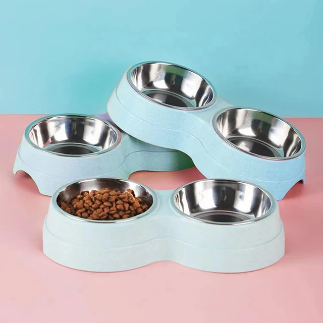 Stainless Steel Double Pet Bowl Wheat Straw Base Dog Cats Feeder Cat Puppy Feeding Food Water Container Dispenser Pet Supplies 6
