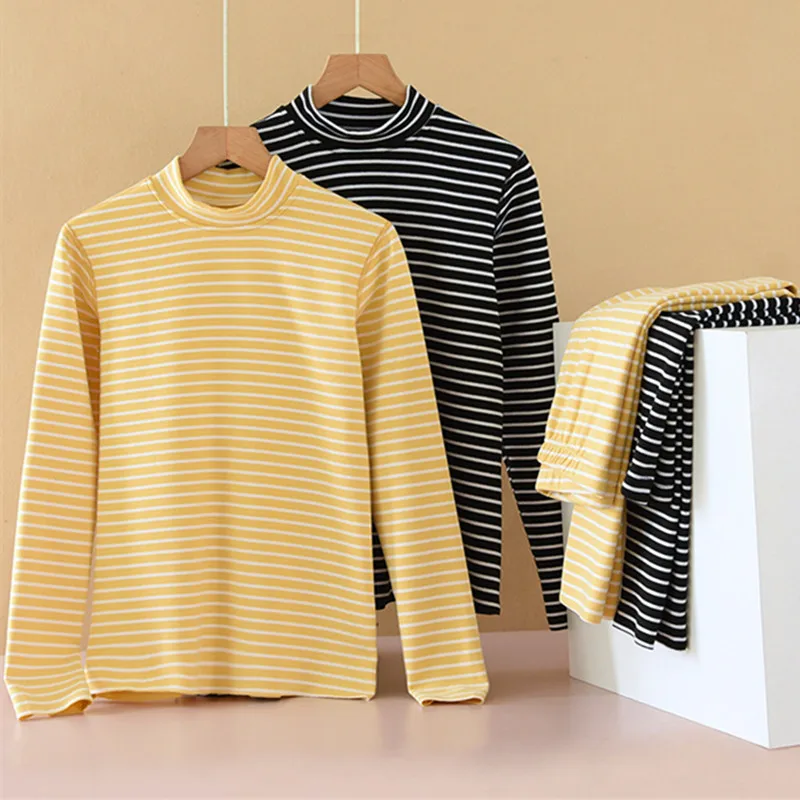 

Women's Warm Underwear Suit Half High Collar Thickened Velvet Winter Bottoming Pajamas New Striped Sleepwear Pijama Set L-3XL