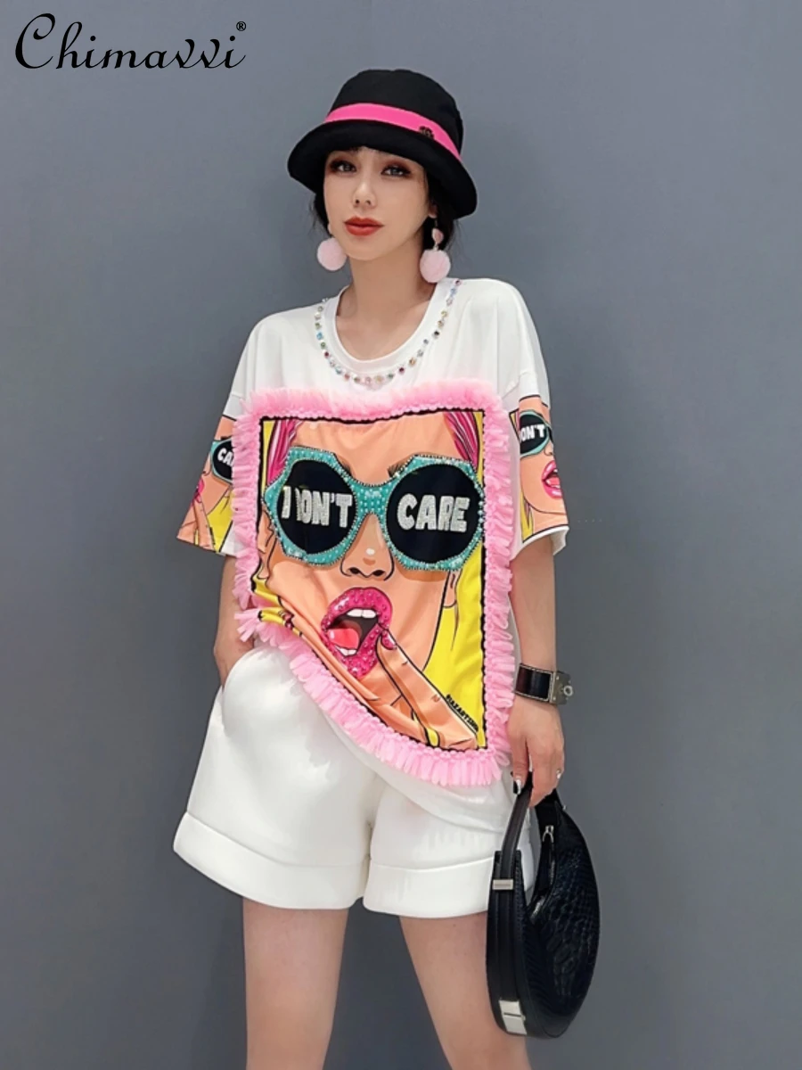 2024-summer-clothes-new-heavy-industry-t-shirt-diamond-printed-mesh-wooden-ear-dress-fashion-casual-loose-women's-tees-top