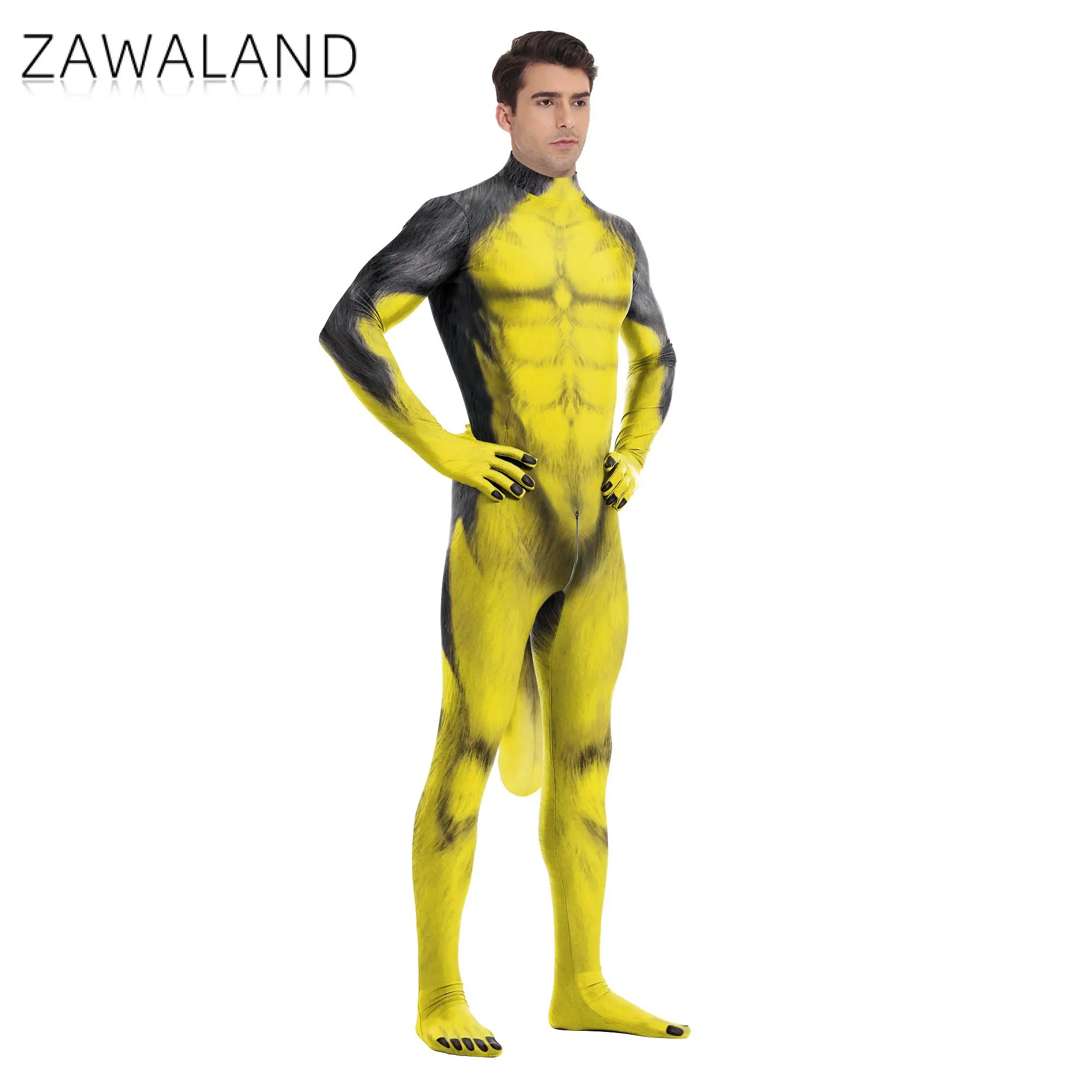 Zawaland Men Yellow Wolf Cosplay Costume Animal Petsuit Fancy Carnival Zentai Bodysuit with Tail Crotch Zipper Sexy Jumpsuits