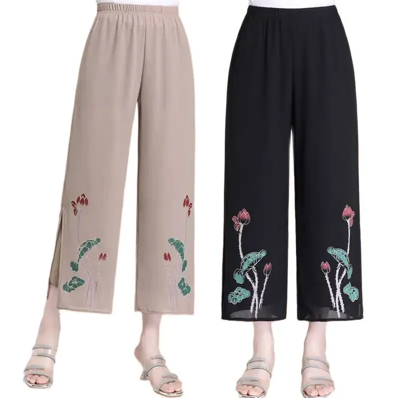 

2022 New Middle-Aged Elderly Female Pants Elastic Waist Loose Mom Pants Summer Clothes Women's Thin Chiffon Cropped Pants