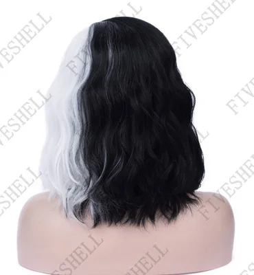 2023 New Cruella Deville De Vil White Black Wig for Deville Hair Short Curly Wavy Heat Resistant Cosplay Costume Halloween Wigs – Detail 5