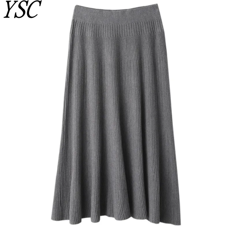 

YSC New style Women Knitted Cashmere wool blend Half length skirt Solid color Vertical Bar Style high quality fish tail skirt