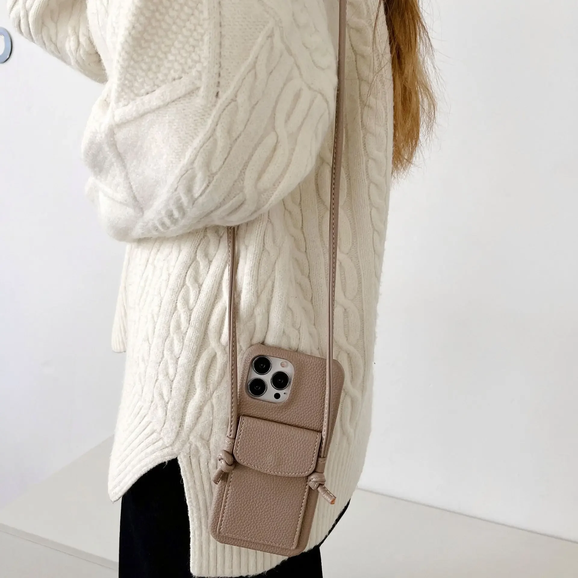 Leather Crossbody Lanyard Phone Case with Card Holder and Strap