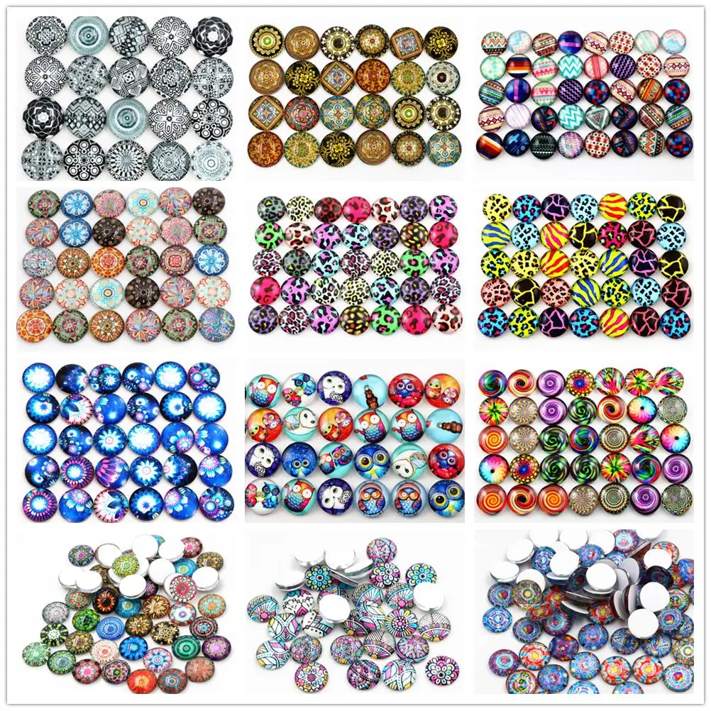 

Hot Sale 50pcs 12mm New Fashion 4 Style Mixed Handmade Photo Glass Cabochons Pattern Domed Jewelry Accessories Supplies-