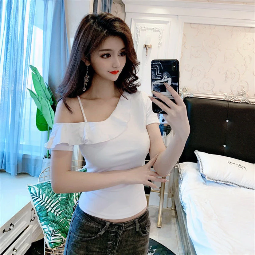 

Sexy Slant Shoulder Top Women Summer Ruffle Short Sleeve Tight Thin Short Style Scheming Design Exposed One Shoulder T-shirt