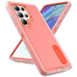ELVEV Luxury Soft Silicone + Hard PC Bumper Case with Camera Protection and Built - in Stand - Galaxy S25 Ultra (Transparent orange)