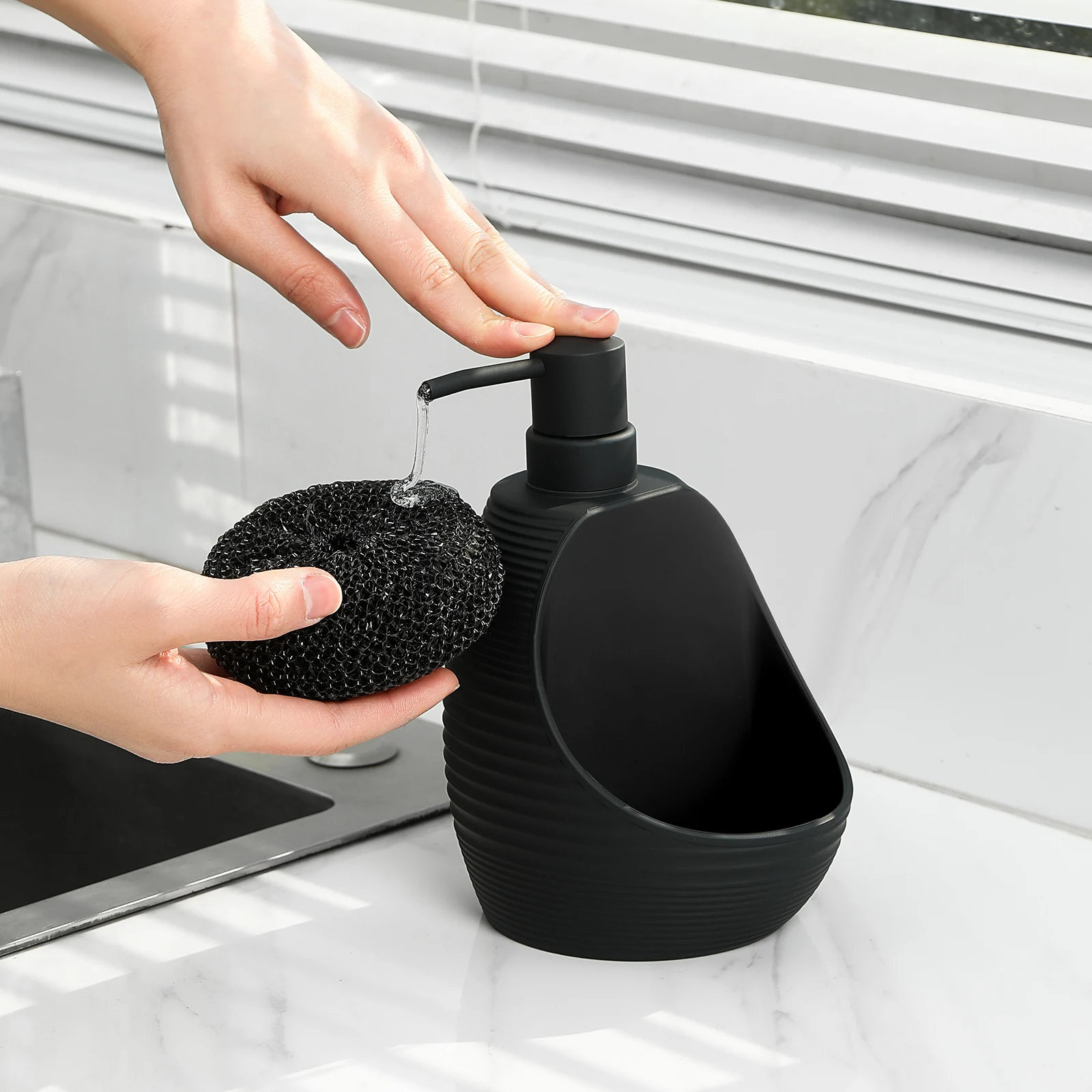2-in-1 Modern Kitchen Soap Dispenser with Sponge Holder Nylon Scrubber Matte Stripe Black