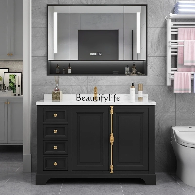 

French American Style Bathroom Cabinet Combination Solid Wood Stone Plate Floor Type Bathroom Table Whole Washbin