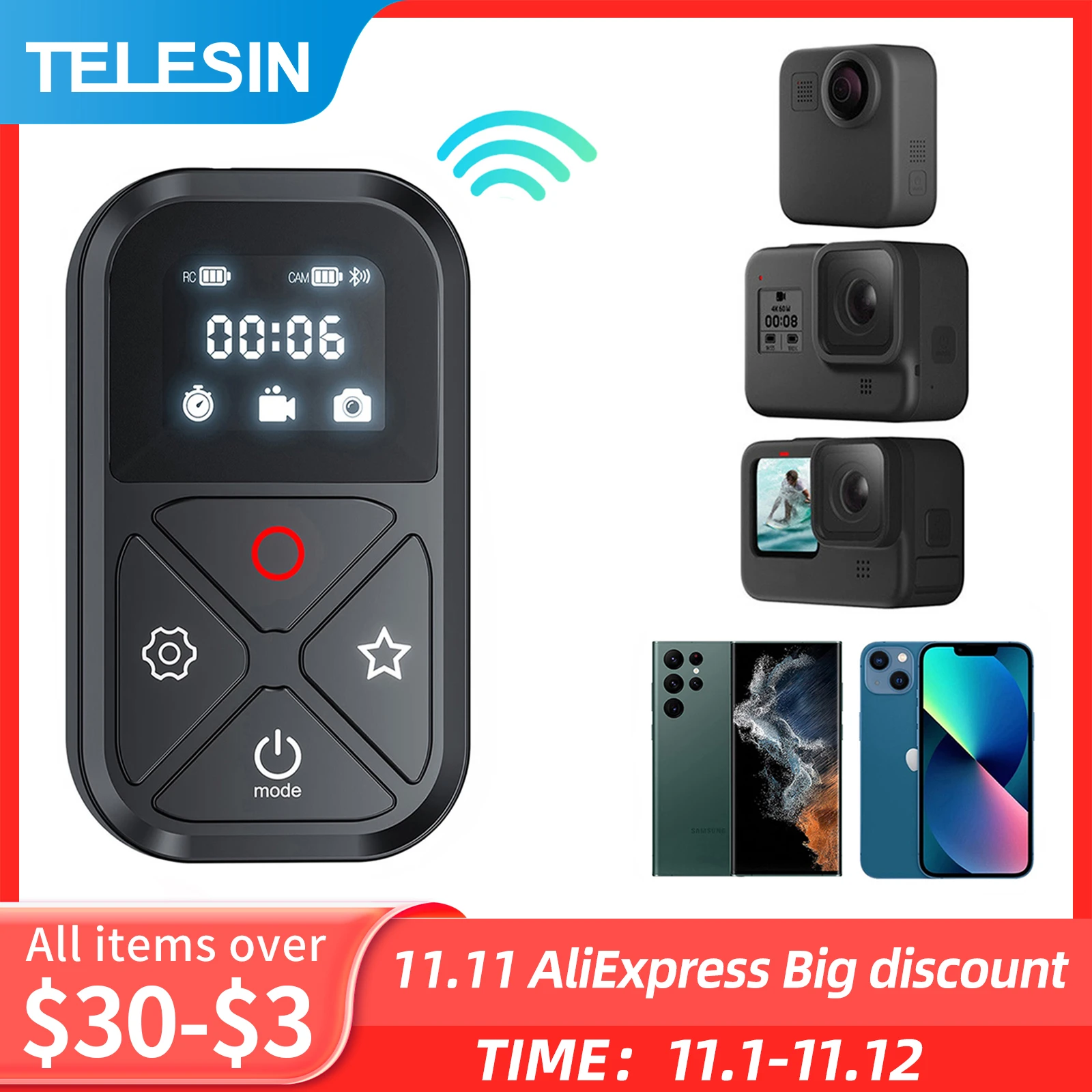 Telesin 80m Bluetooth Remote Control For Gopro 10 9 With Led Screen Wrist Strap For Gopro Hero 8