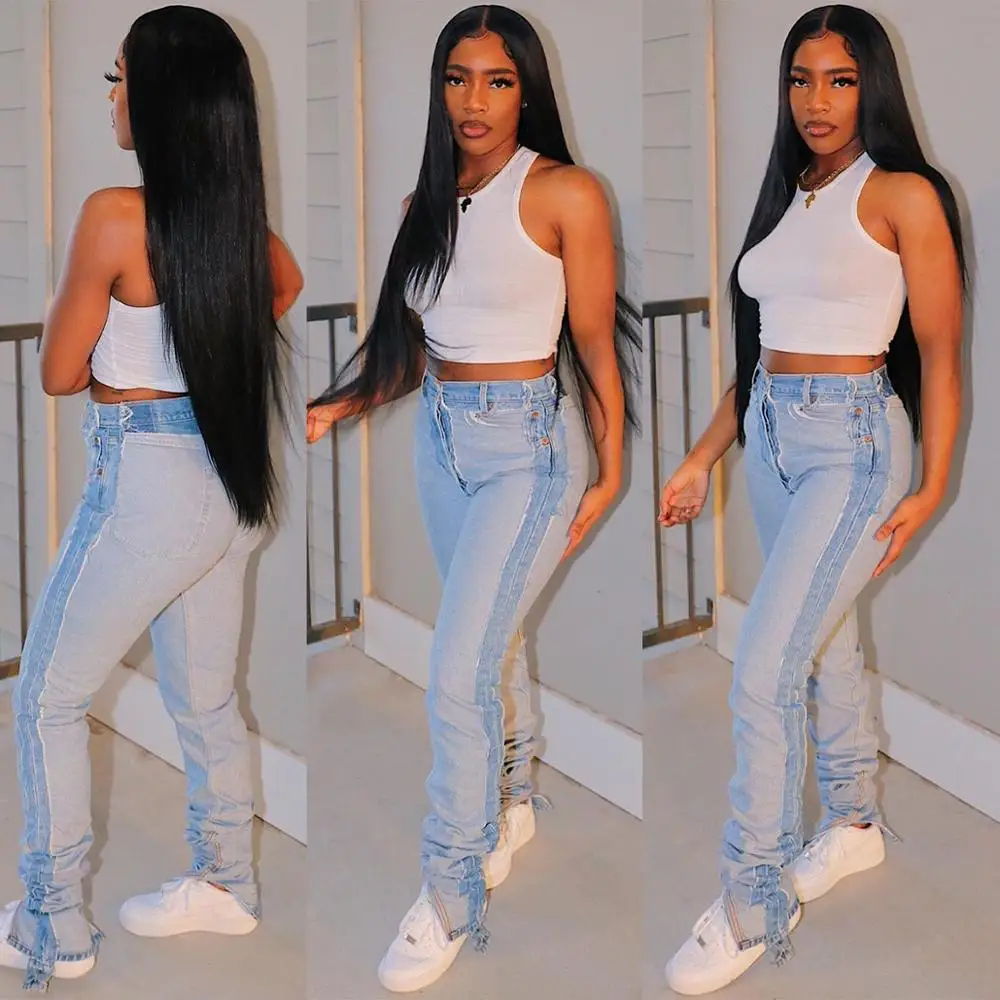 2023 Autumn and Winter New Casual Fashion Denim Fringed Jeans Women's Straight Leg Pants Baggies  Clothes  Woman Pants