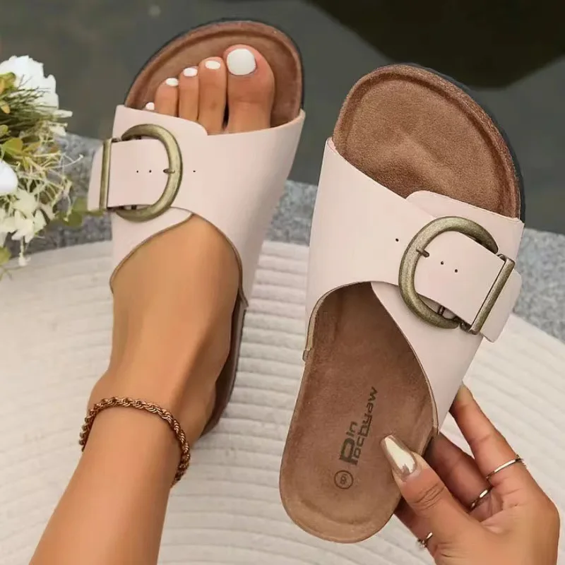 Litfun 2025 Women's Cork Slippers Fashion Women Single Buckle Flip Flops Open Toe Beach Sandals Leisure Fashion House Slippers