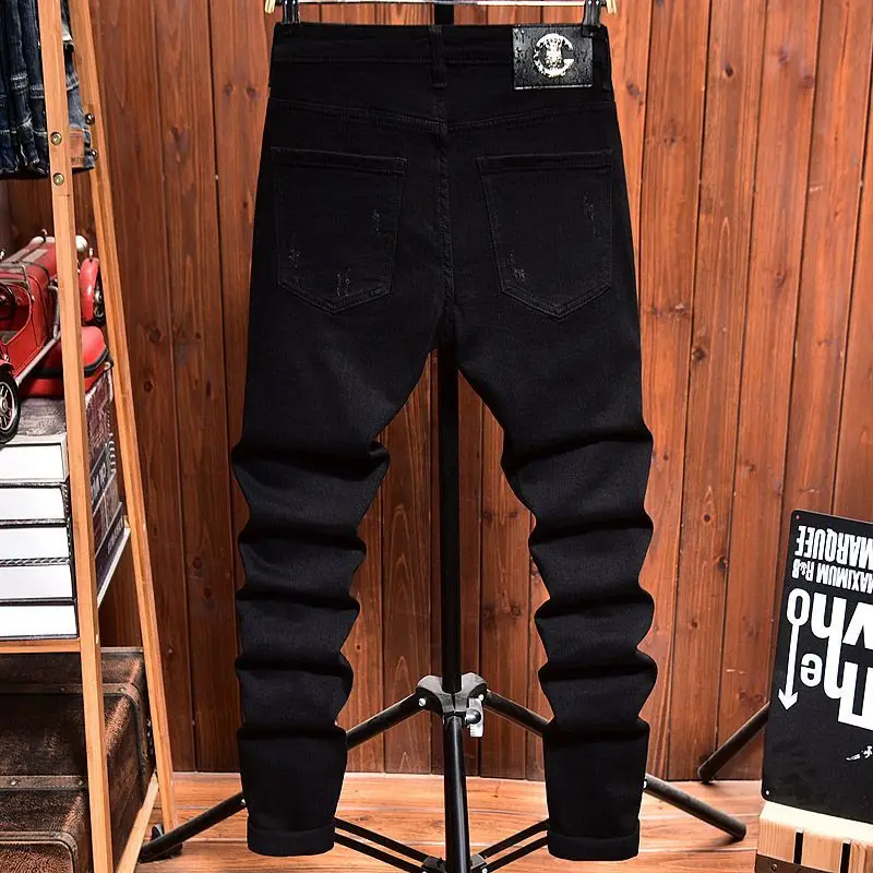 2025 Jeans Men's Spring Autumn Versatile Korean Black Elastic Slim Small Feet Zipper Pants Autumn Cowboy Man Pants Design Jeans 3