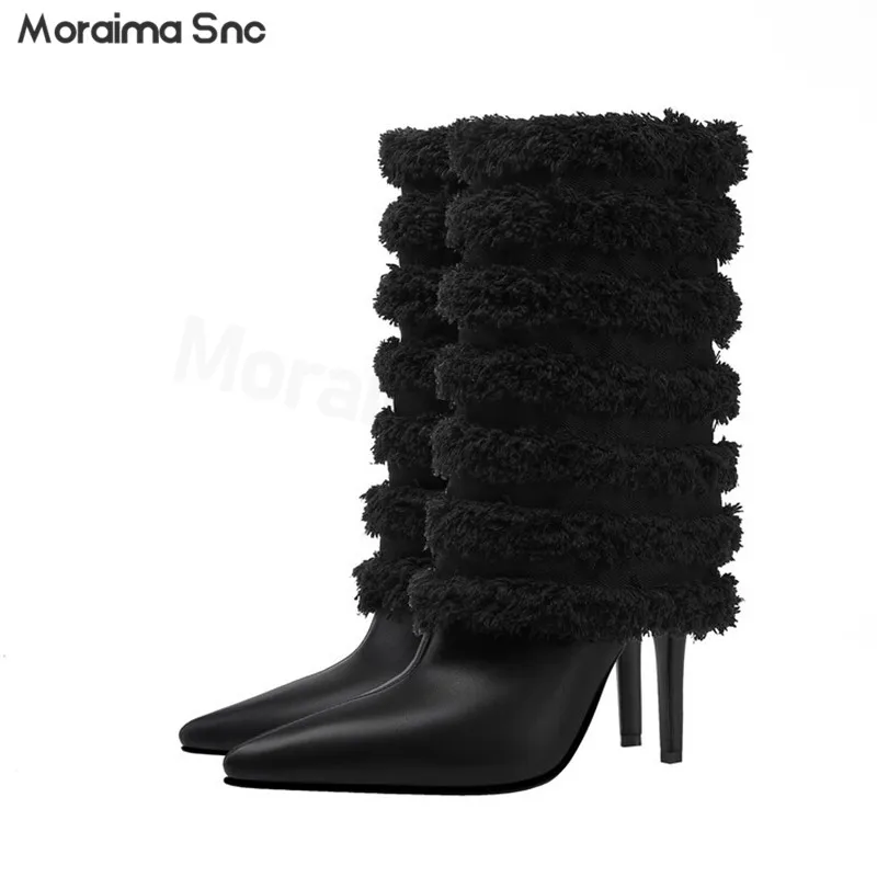 

Black Furry Design Leather Boots Autumn Large Size Pointed Toe Stiletto Sexy Short Boots Fashion Sexy Temperament Women's Boots