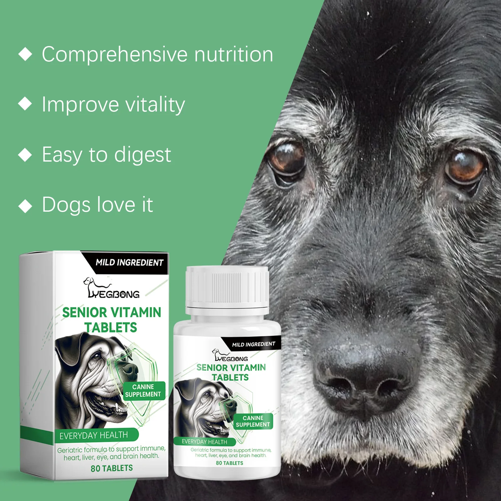 80 Tablets Senior Dog Multivitamins Essential Nutritional Supplement for PET Canine Health and Vitality