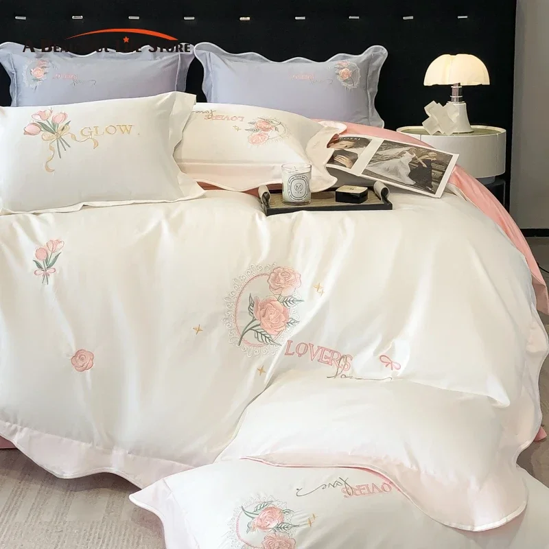 

Bedding Set with Pink Rose Flowers Embroidery, 100% Cotton, Duvet Cover Set, Flat, Fitted Bed Sheet, Soft Bed Linen, Pillowcases