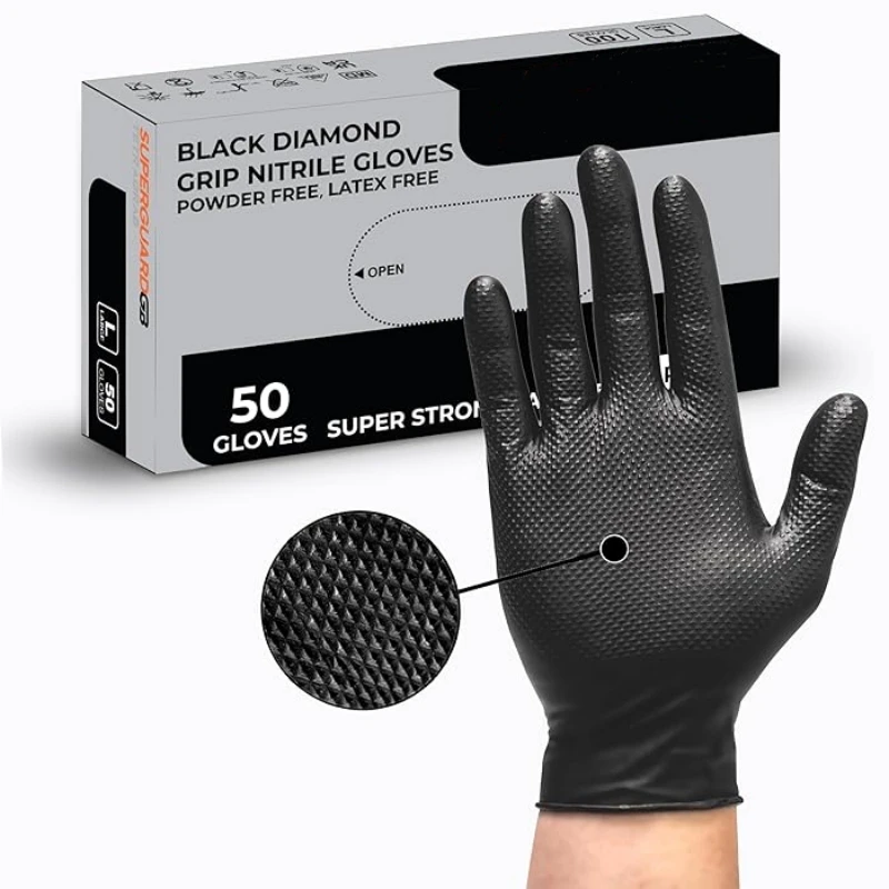 Nitrile Gloves 8Mil Heavy Duty Black Nitrile Gloves Thick Diamond Texture Disposable Gloves Tear Resistant Industrial Mechanic Cleaning