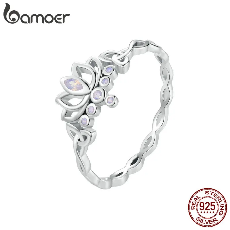 

Bamoer 925 Sterling Silver Lotus Ring Elegant Flower Purple Zircon Band for Women Party Platinum Plated Fine Jewelry Gift BSR487