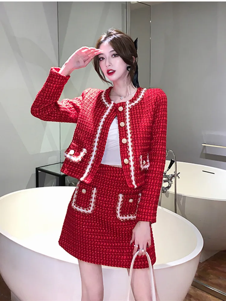 Autumn Winter Fashion Plaid Red Woolen Two Piece Set Women Pearls