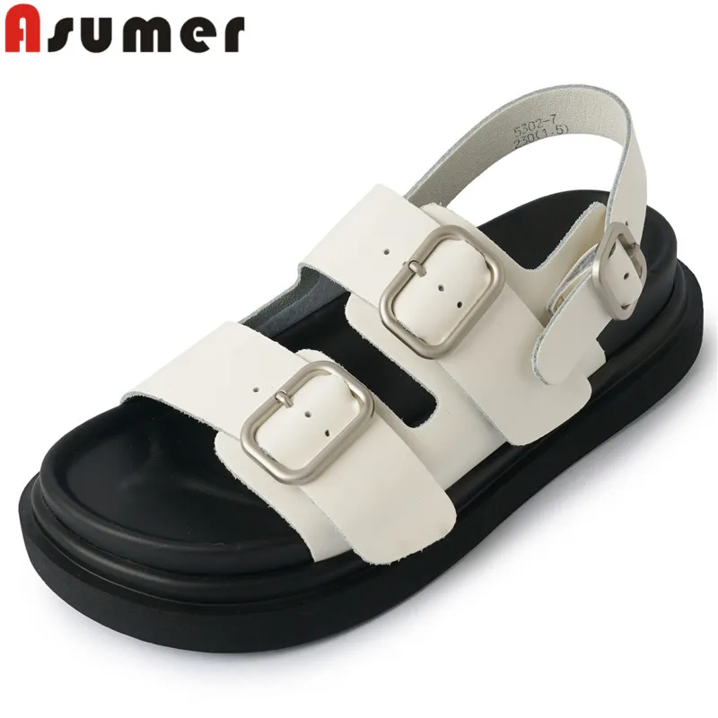 

ASUMER New Genuine Leather Slingbacks Sandals Summer Casual Flat Shoes Women 2023 Buckle Ladies Platform Sandals