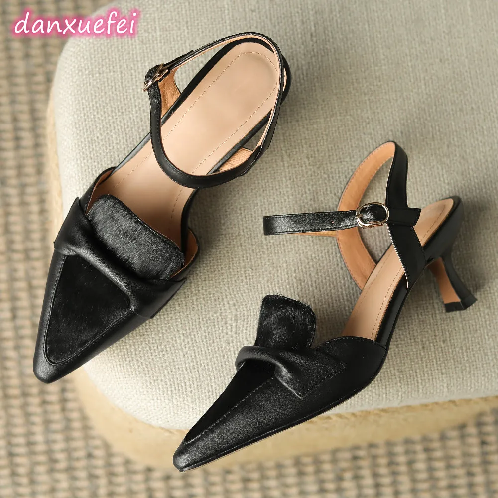 

danxuefei women's cow leather horsehair patchwork 5.5cm thin high heel pointed toe ankle strap sandals elegant ladies heels shoe