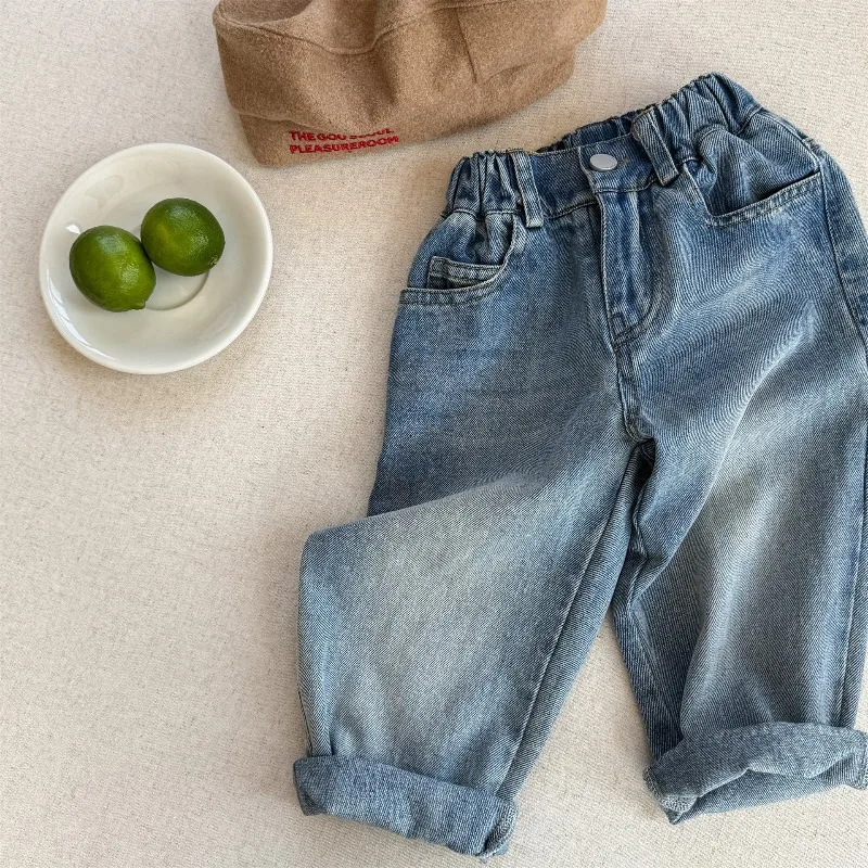2026 새로운 소년 소녀 한국 스타일 청바지 봄 가을 탄성 허리 블루 블랙 데님 바지 하렘 바지 아동 의류 A6505