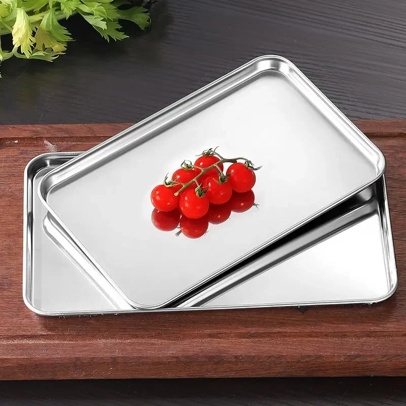 1Pc Stainless Steel Dish Household Stainless Steel Vermicelli Dish Thickened Rectangular Flat Bottom Liangpi Dish Barbecue