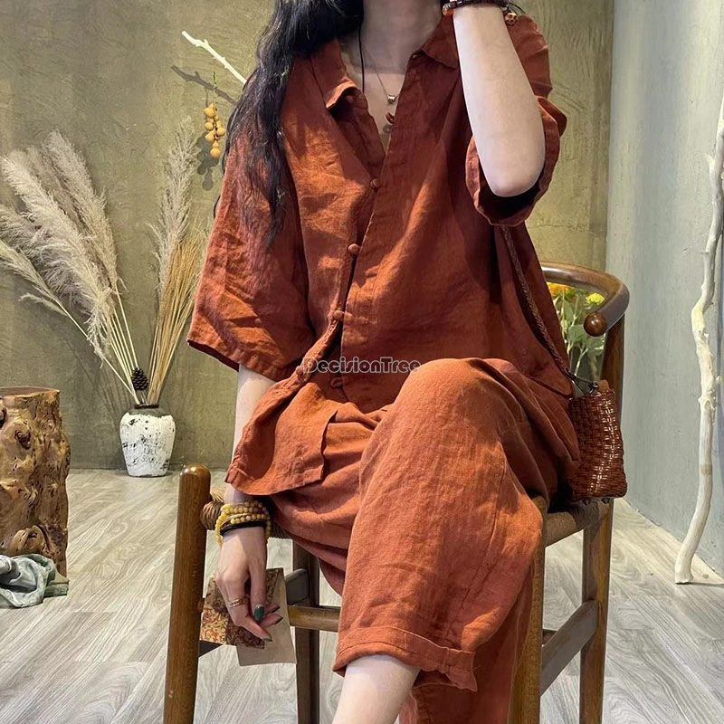 summer new chinese casual daily set women retro fashion style cotton linen half sleeve blouse loose pants 2 piece set w826