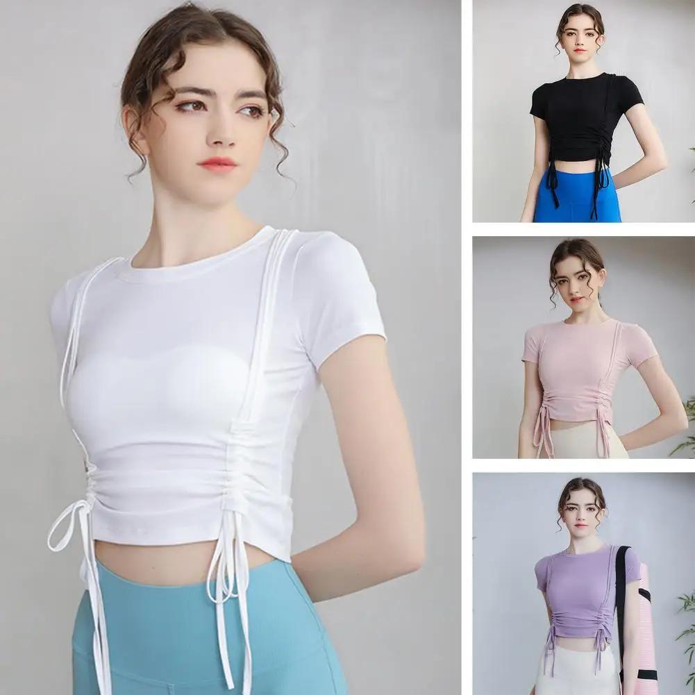 

Yoga Tops O Neck Gym Blouse Pullover Short Sleeves Drawstring Pleated Sweat Absorption Summer Crop Top Sports Jogging T-shirt