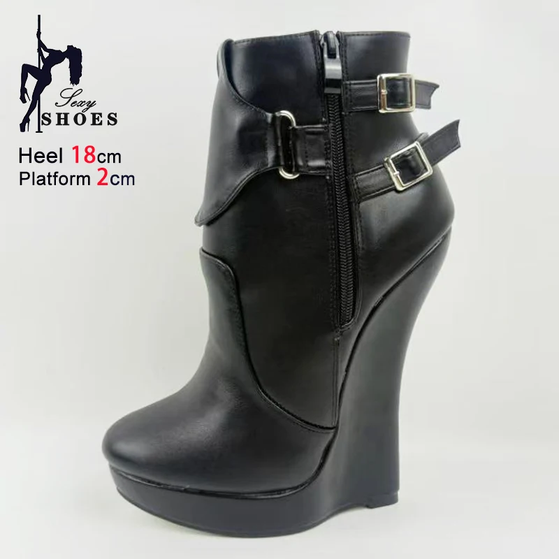 New Ultra high heel 18CM/7'' Wedges Heel Side Zip Black Ankle Boots Women Matte Leather Platform Shoes Sexy Fetish Ballet Boots
