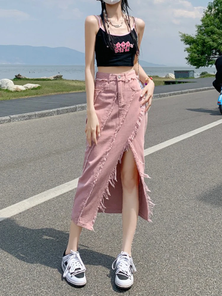 

Casual Versatile Denim Skirt High Waist Wrap Hip Street Commuting Front Split Fashion Raw Edge Design A-line Denim Skirt
